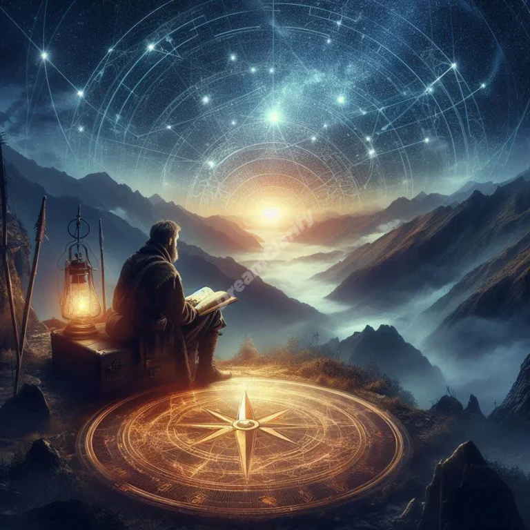 Ancient navigator consulting star maps beneath mystical night sky, symbolizing dream guidance and direction.