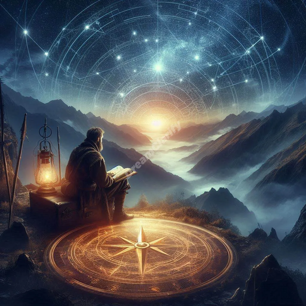 Ancient navigator consulting star maps beneath mystical night sky, symbolizing dream guidance and direction.