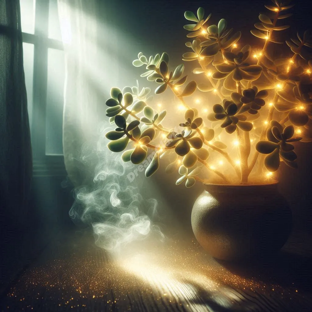 Mystical jade plant bathed in moonlight, leaves glowing with golden energy, representing dreams and prosperity