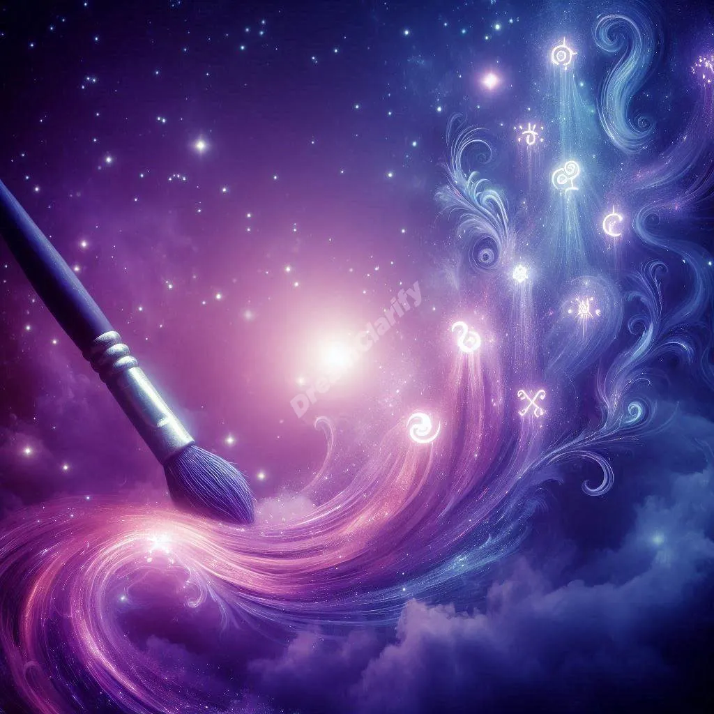 A glowing paintbrush floats in a starlit sky, with colorful paint streams transforming into mystical symbols and shapes in soft purples and blues.