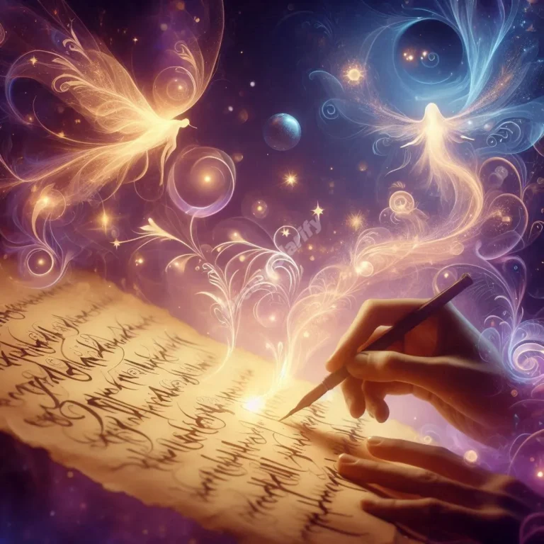 Ethereal hands create glowing calligraphy, with golden letters transforming into magical symbols and butterflies.