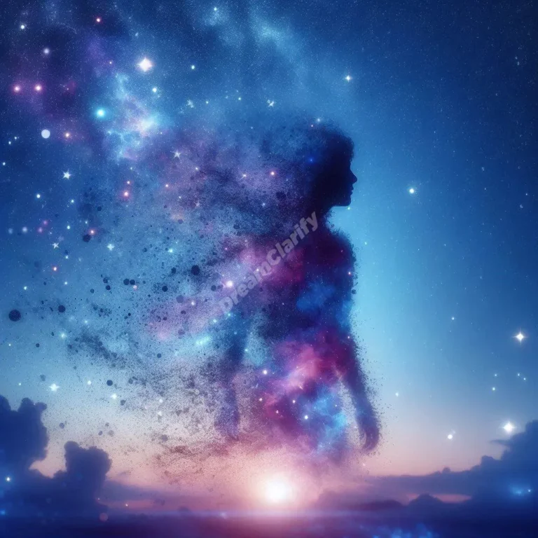 Silhouette dissolving into starlight: artistic representation of fading dreams and spiritual transformation.