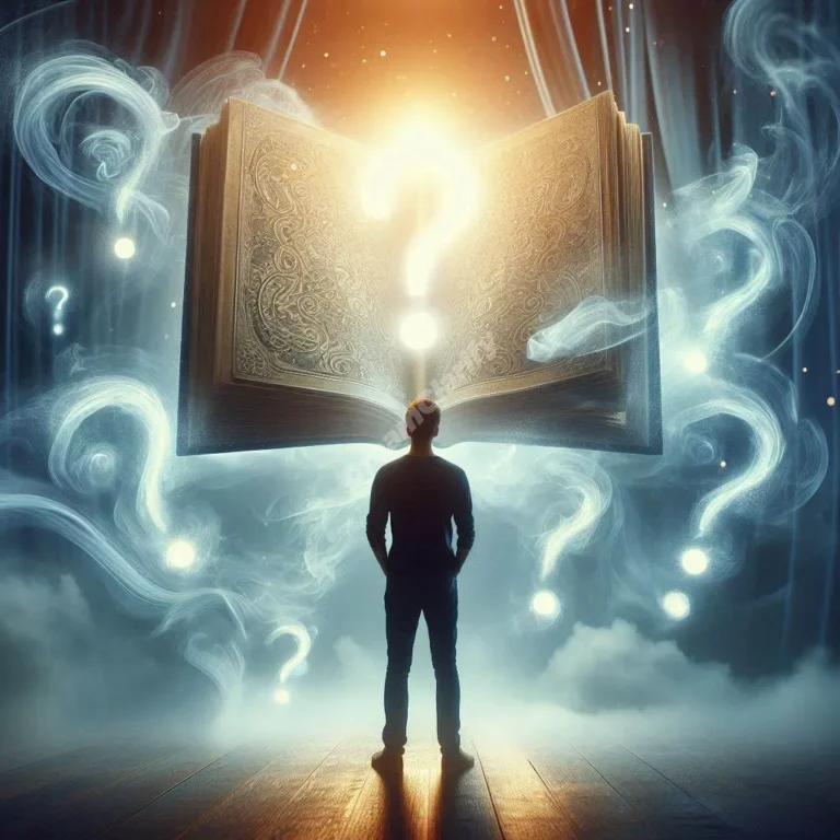 Dream interpretation artwork showing person contemplating knowledge through mystical floating book and question marks.