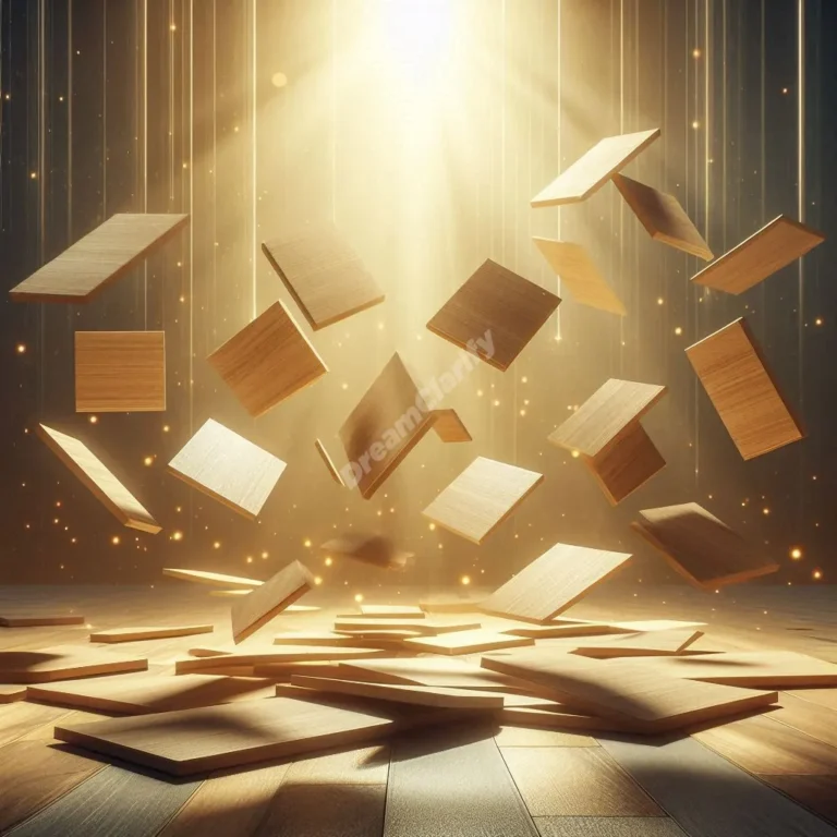 Floating laminate floor panels assemble mysteriously in golden dreamlike light, symbolizing transformation and renewal.