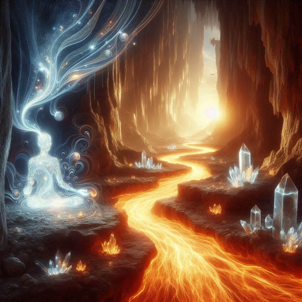 Mystical dream cavern with flowing golden magma streams and floating crystals, symbolizing spiritual transformation.