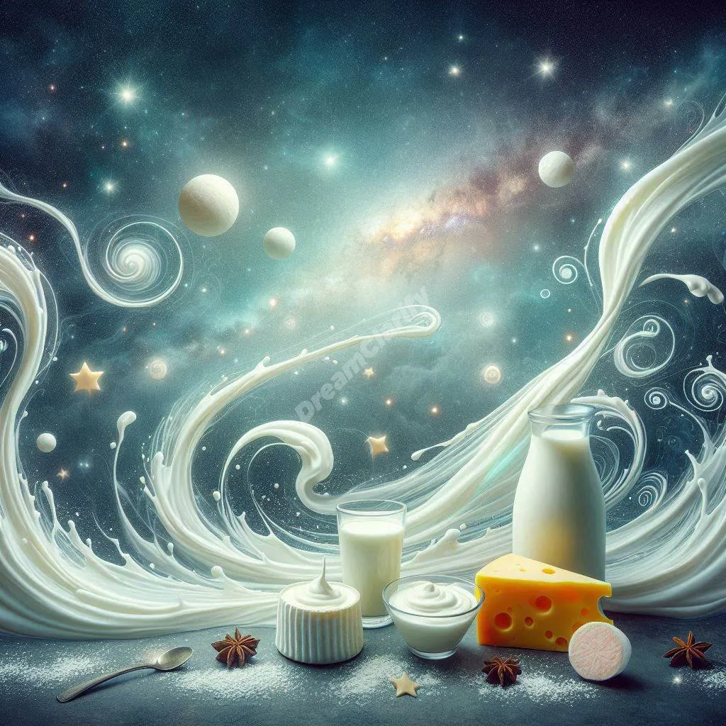 Mystical dairy dream scene with flowing milk streams and floating cheese wheels under starlight