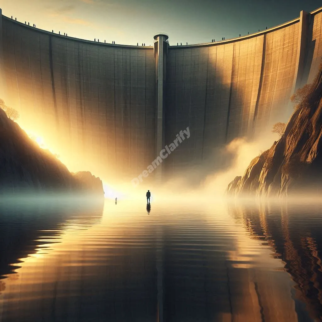 Majestic dam dream interpretation: sunset illuminates massive structure overlooking peaceful mountain waters