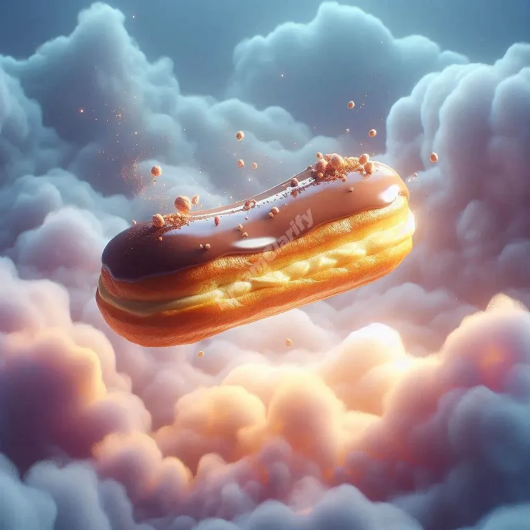 Golden eclair floating in mystical dream clouds, symbolizing sweet dreams and subconscious messages