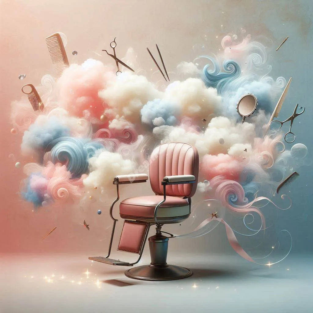 Surreal floating barber chair with ethereal scissors and mirrors, representing dream symbolism and transformation.