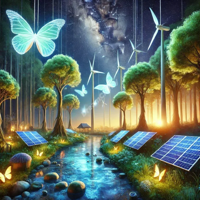 Magical forest with solar panels wind turbines and glowing butterflies