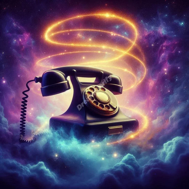 Vintage rotary phone floating in cosmic space with glowing spiral cord, symbolizing dream communication.