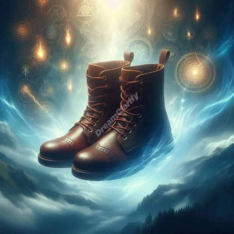Mystical leather gaiters floating in dreamy landscape, symbolizing protection and spiritual journey in dreams
