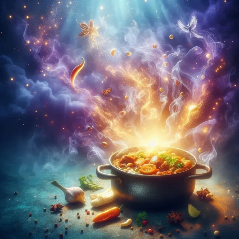 Ethereal jambalaya pot radiates spiritual light while dream-like ingredients float mystically above.