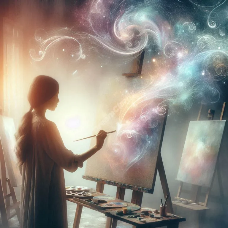 Mystical painter creates glowing artwork in dreamy studio, symbolizing creative transformation and spiritual growth