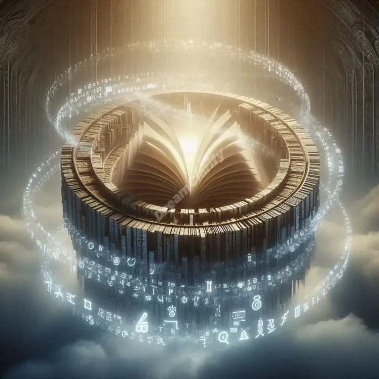 Mystical library scene with floating jargon and symbols representing dream language interpretation.