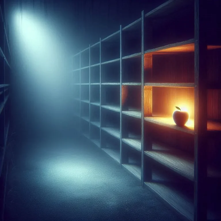 Surreal dream marketplace with empty shelves and glowing apple, symbolizing scarcity and hope.