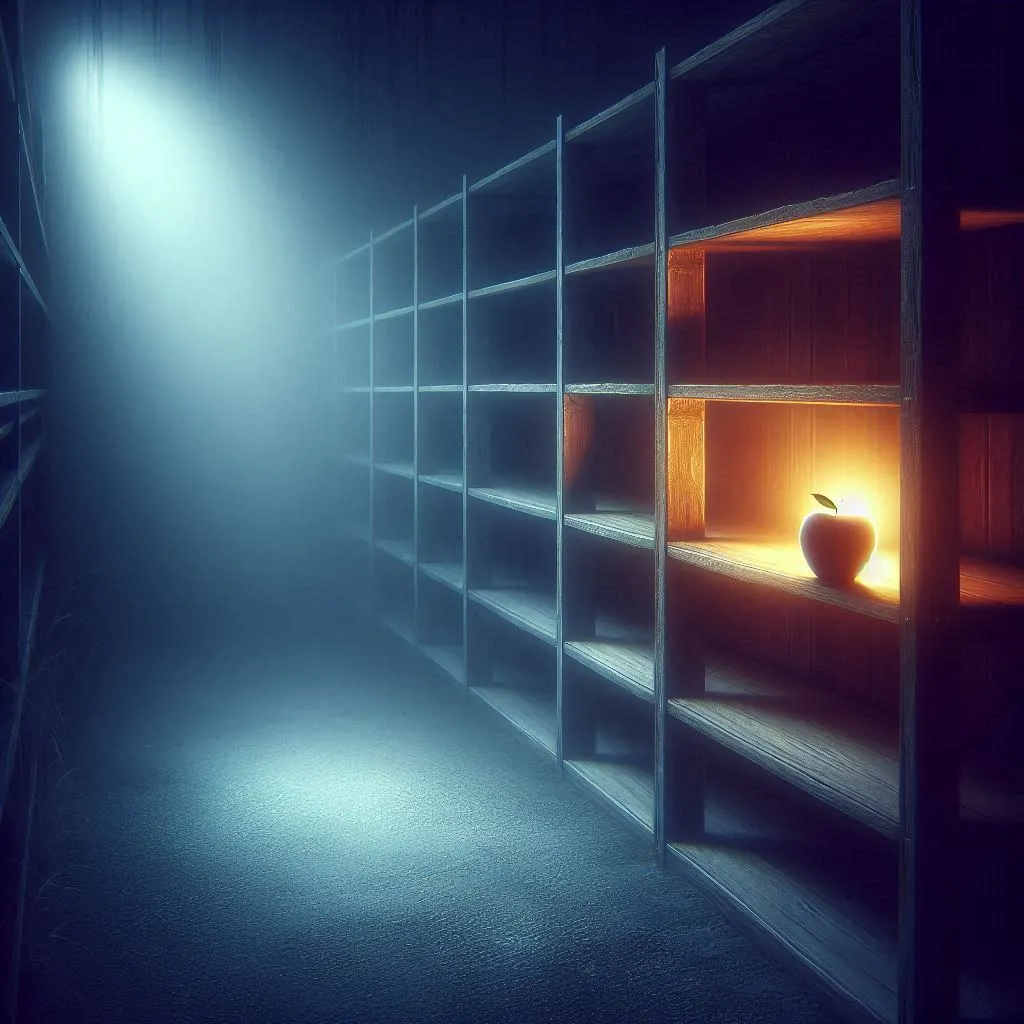 Surreal dream marketplace with empty shelves and glowing apple, symbolizing scarcity and hope.