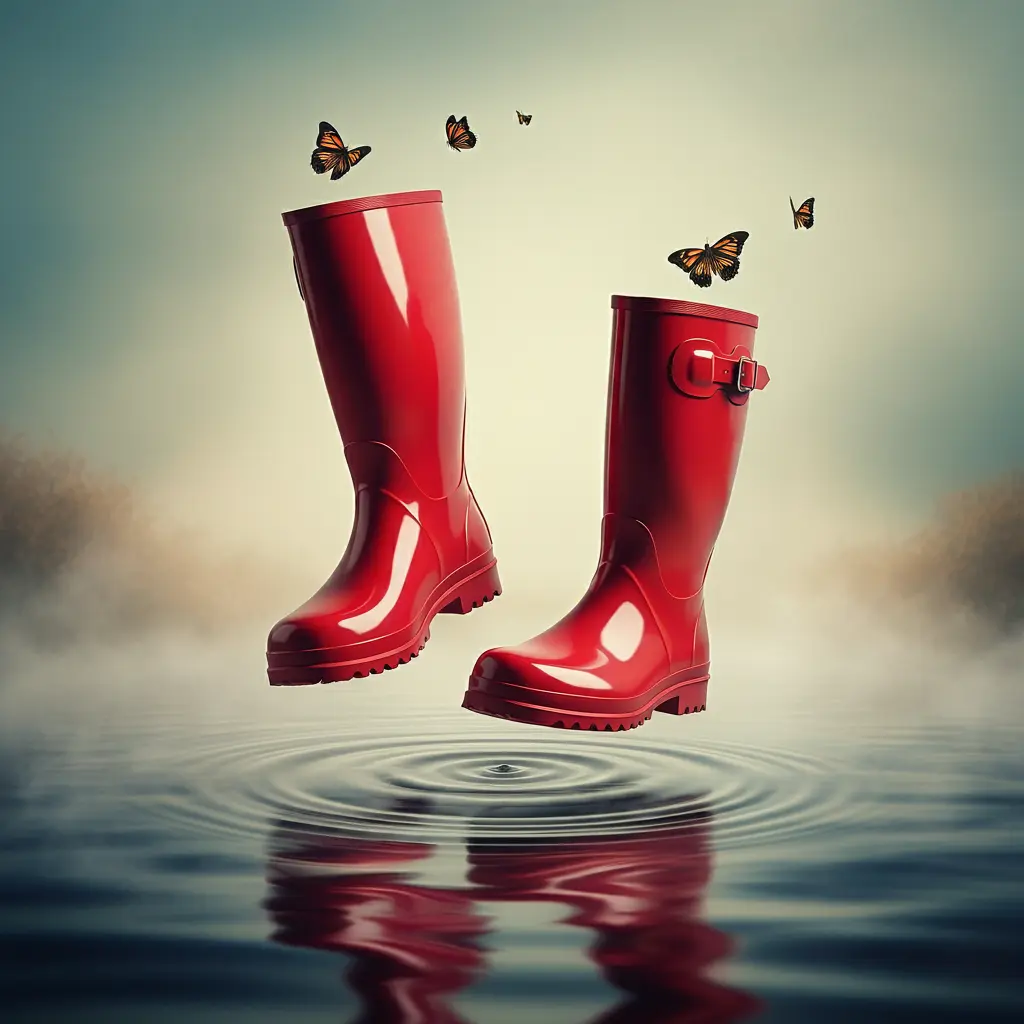 Floating red galoshes hover mysteriously over misty pond, releasing ethereal butterflies in dreamlike scene.