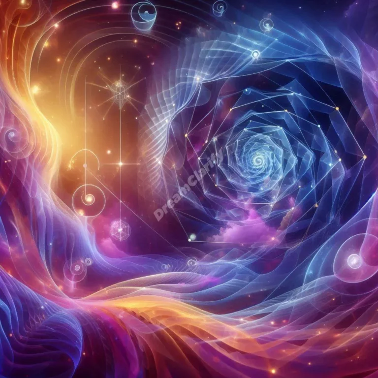 Abstract geometric patterns spiral through mystical dreamscape, featuring sacred symbols and flowing shapes.