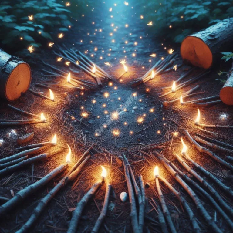 Glowing kindling sticks illuminate mystical forest path, symbolizing dream guidance and spiritual awakening