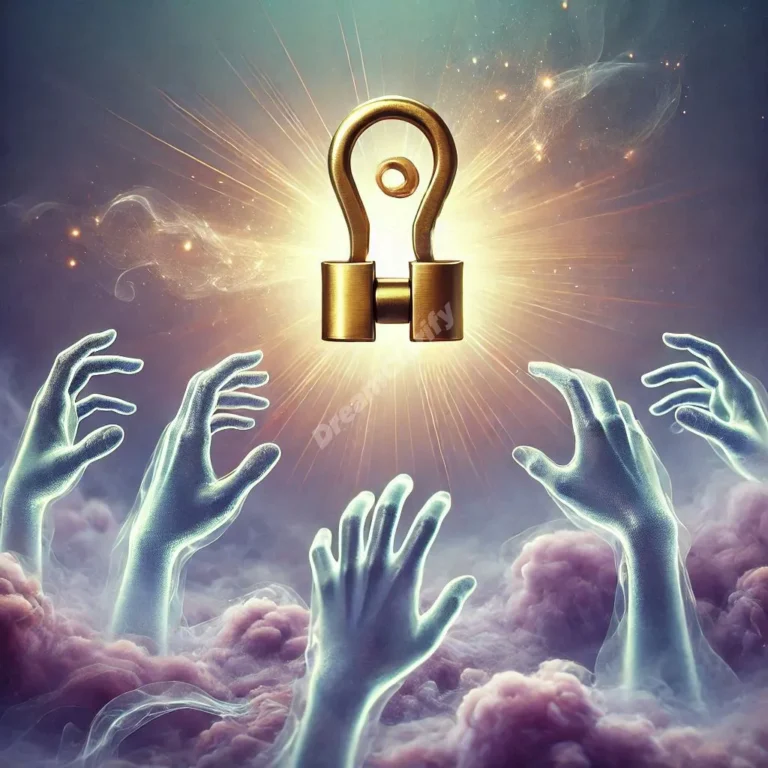 Mystical golden clasp floating in purple dreamscape, symbolizing spiritual connections and emotional bonds.