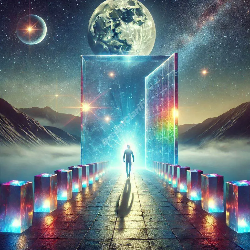 A dreamer approaches a luminous crystal barrier under moonlight, symbolizing personal growth and transformation challenges.