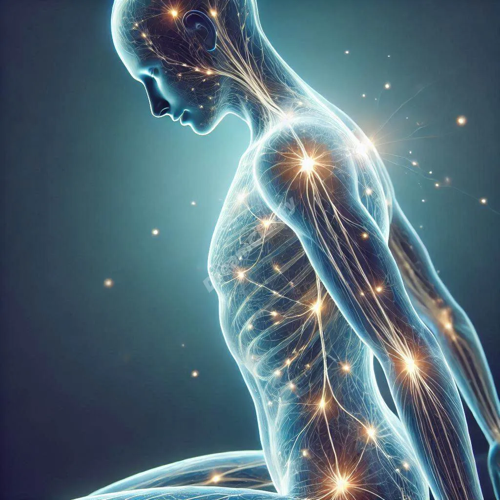 Ethereal human figure showing luminous fascia networks stretching gracefully, symbolizing dream consciousness and body awareness.