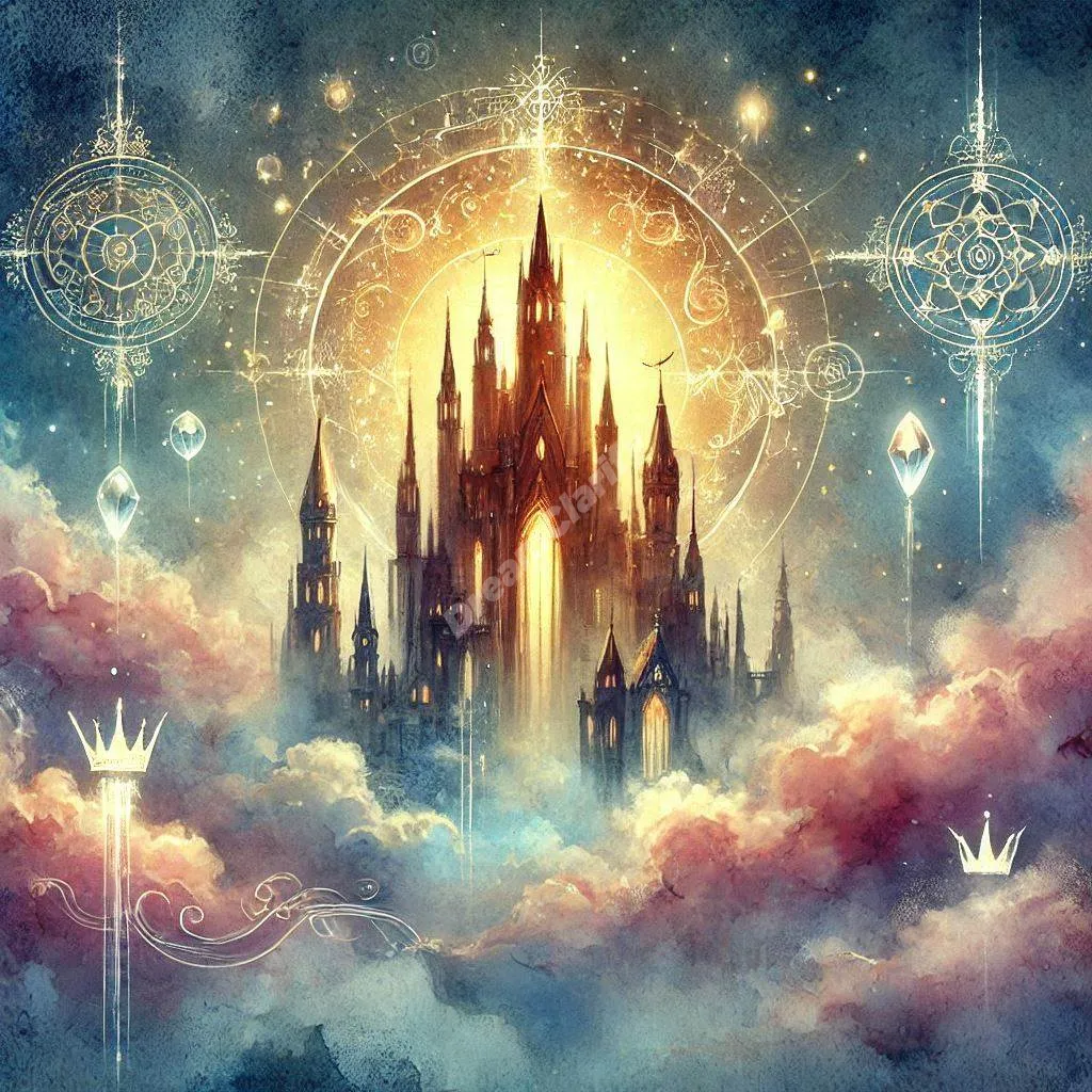 Ethereal floating castle with golden windows surrounded by mystical royal symbols in twilight