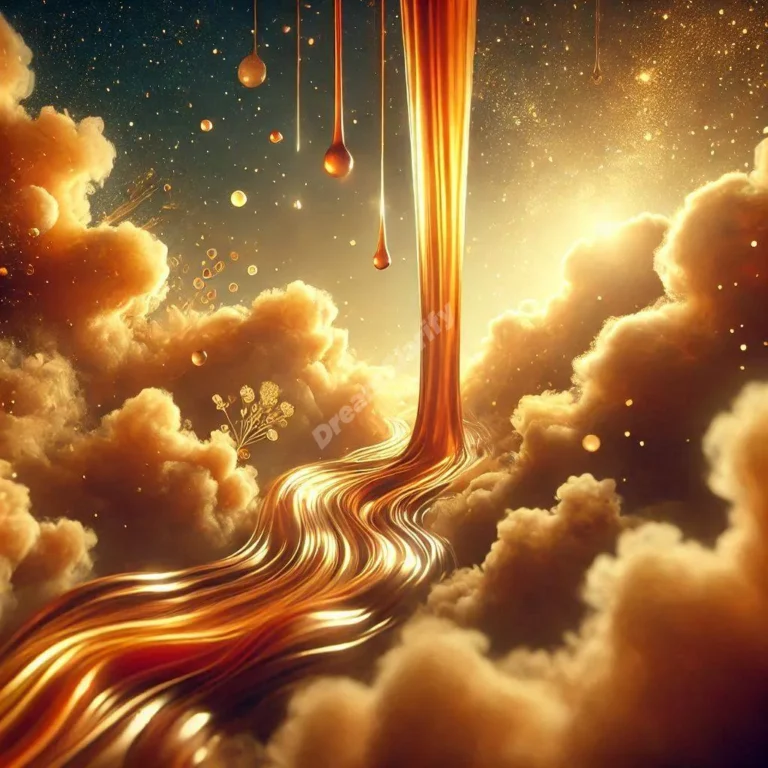 Ethereal dreamscape with flowing golden caramel streams winding through misty clouds in warm light