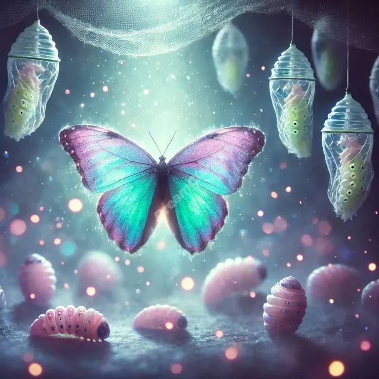 Transformative larvae dream symbolism: butterfly emerging from chrysalis with ethereal background lighting