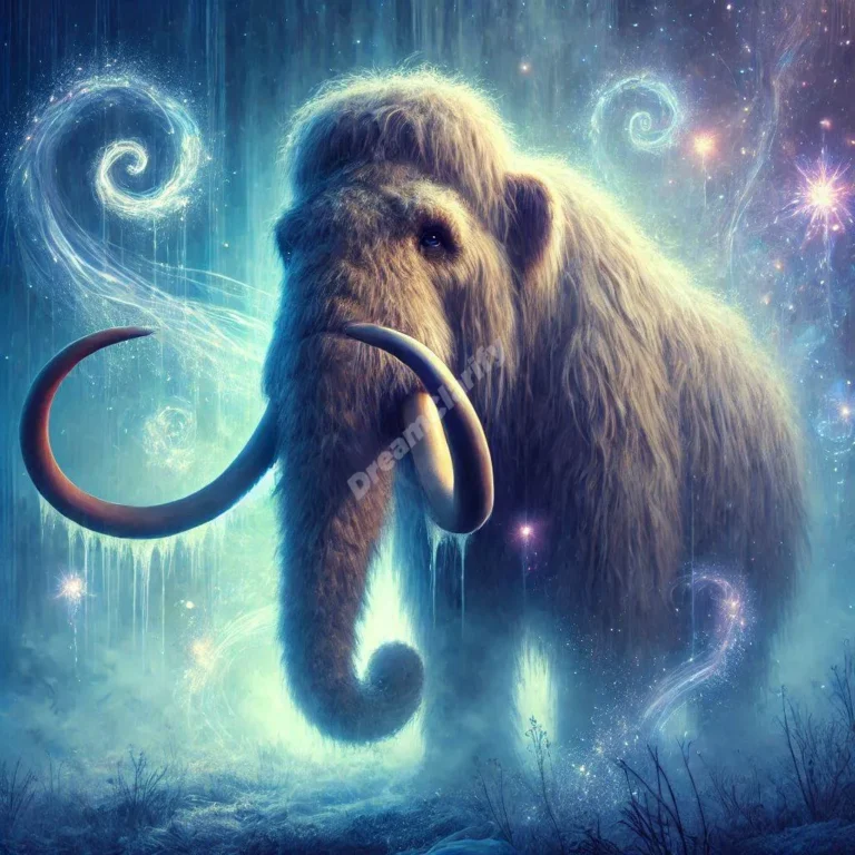 Alt Text: Majestic woolly mammoth in mystical dreamscape with glowing symbols and ethereal mist.