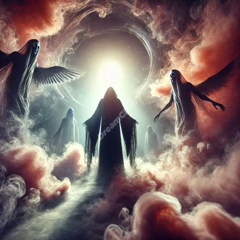 Mystical necromancer in dreamscape with ethereal spirits, symbolizing transformation and spiritual wisdom