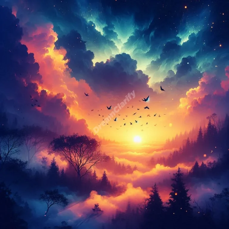 Mystical daybreak dream scene with golden sunlight breaking through clouds and soaring birds