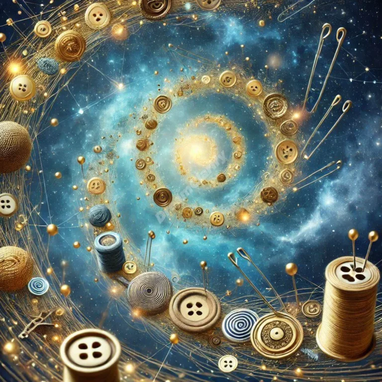 Mystical spiral of golden threads connecting dream fastener symbols in cosmic space