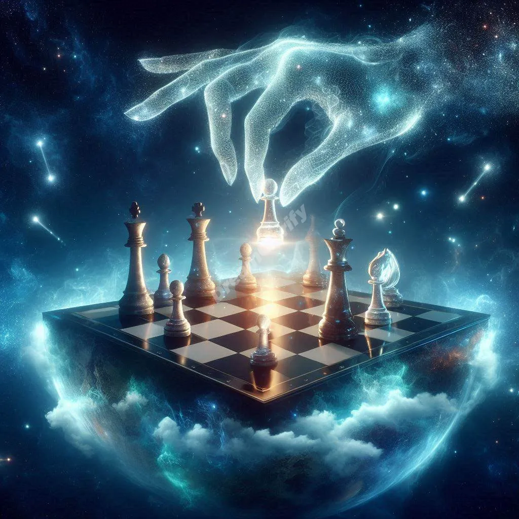 Ethereal chess gambit scene with glowing pieces illustrating strategic dream symbolism.