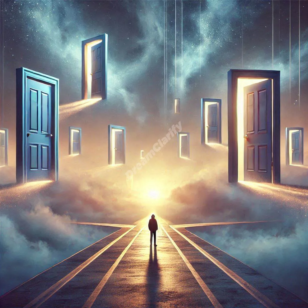 Person faces glowing doorways at dream crossroads, symbolizing life choices and opportunities ahead.