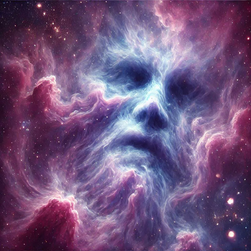 Mystical nebula formation with ethereal purple-blue clouds revealing dreamlike faces among cosmic stardust