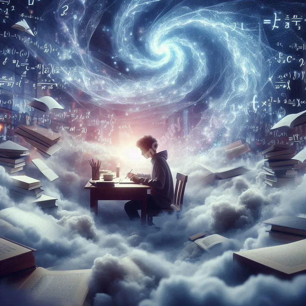 Student at floating desk surrounded by dreamy academic symbols, representing educational anxiety dreams.