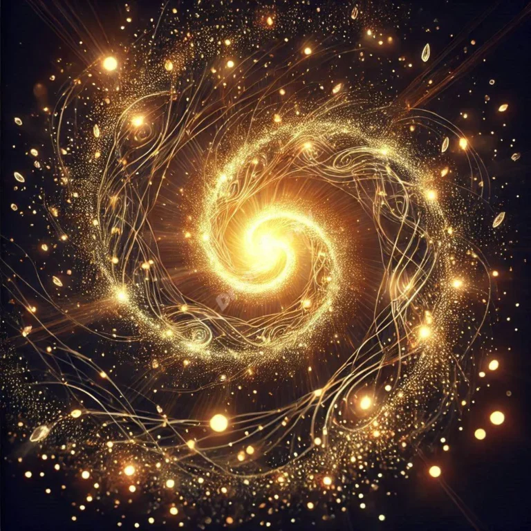 Ethereal dreamscape featuring spiraling golden light streams and sparkling crystals emerging from darkness.