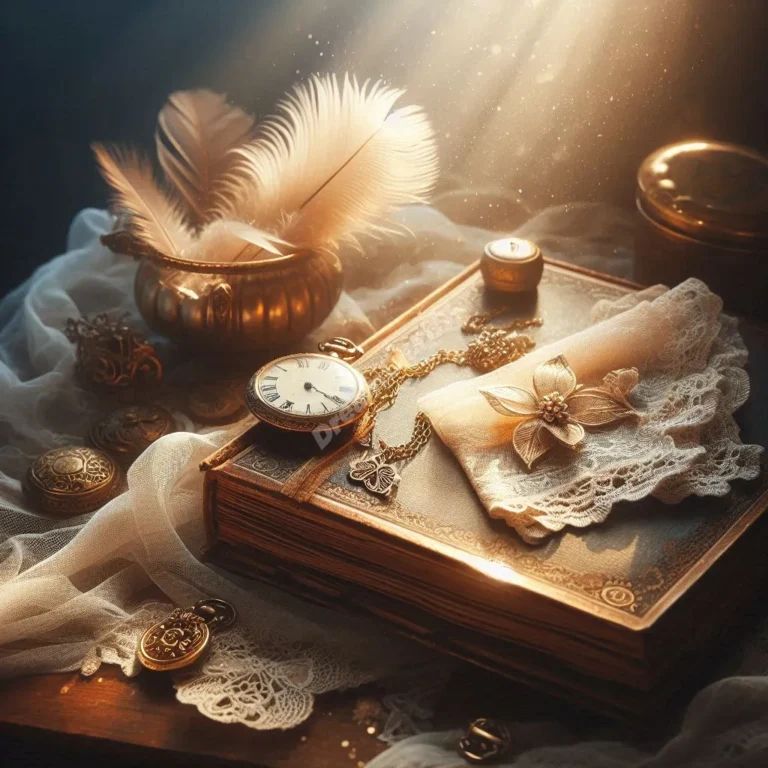 Family heirlooms on vintage desk with dreamy light, symbolizing ancestral connections and dream meanings