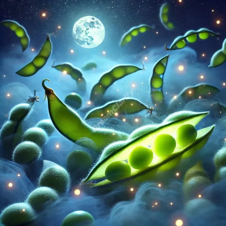 Ethereal edamame pods float in moonlit sky, symbolizing dream interpretation and spiritual growth.