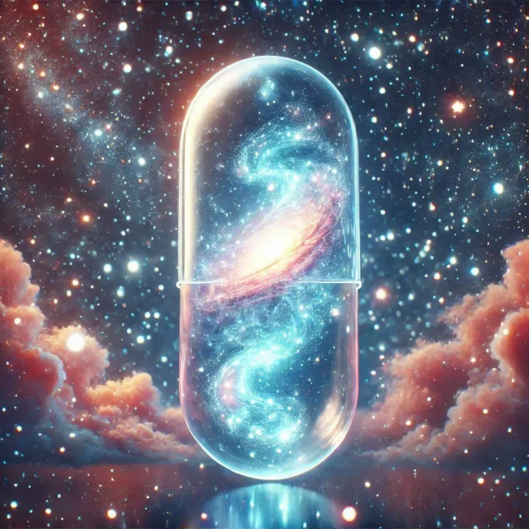 Glowing dream capsule floating in mystical starlight, revealing transformative inner wisdom