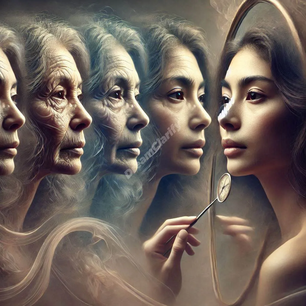 Contemplative figure faces mirror showing gentle transformation through aging stages, reflecting life's journey.