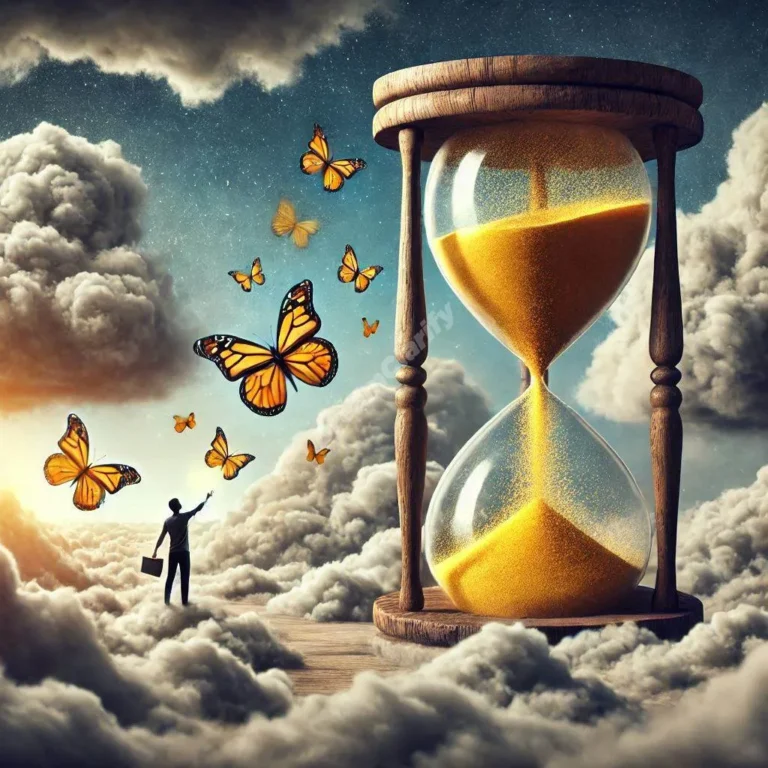 Dreamy illustration of floating hourglass transforming sand into golden butterflies above reaching figure.