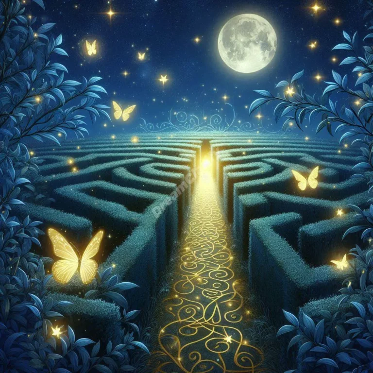 Mystical hedge maze dream interpretation: moonlit garden paths with glowing spiritual symbols