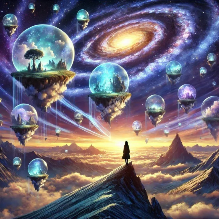 Person on mountain peak observes floating dream islands beneath spiral galaxy, representing panoramic dream symbolism.