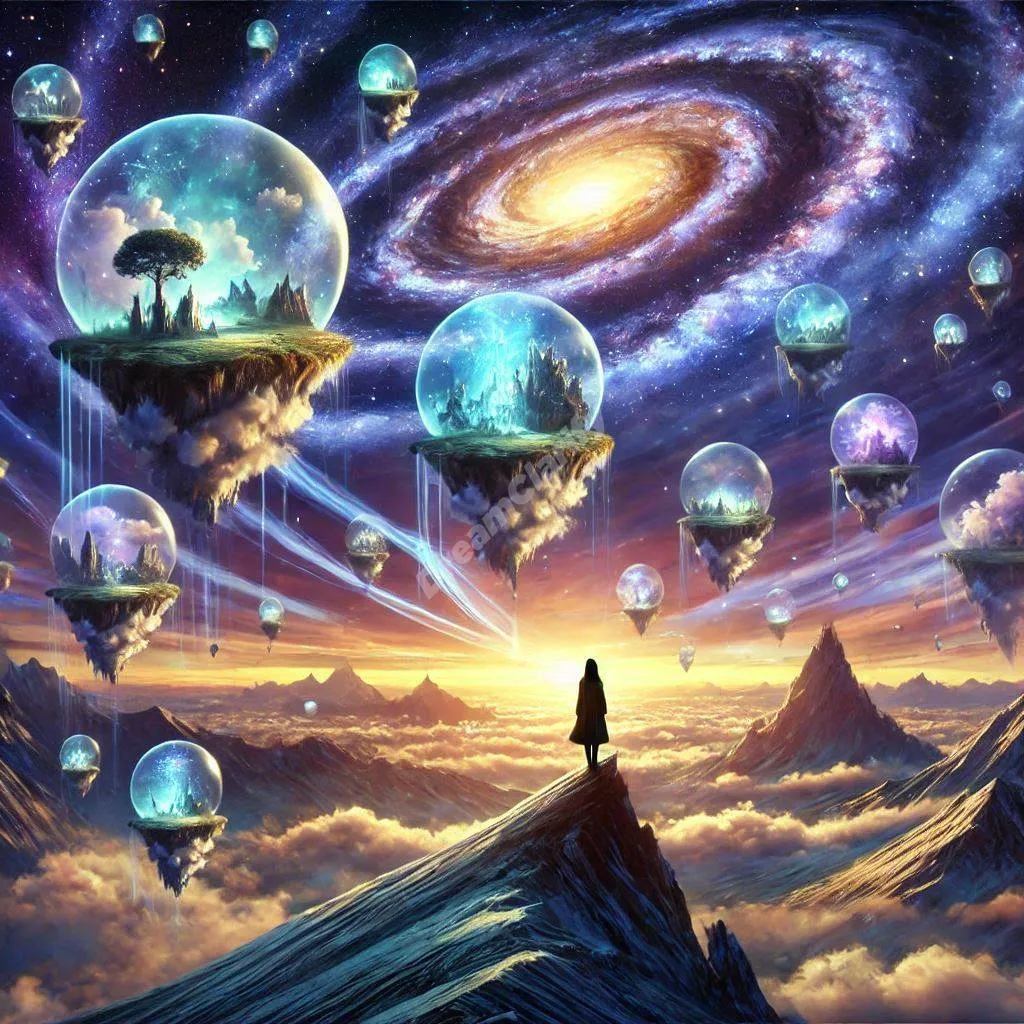 Person on mountain peak observes floating dream islands beneath spiral galaxy, representing panoramic dream symbolism.