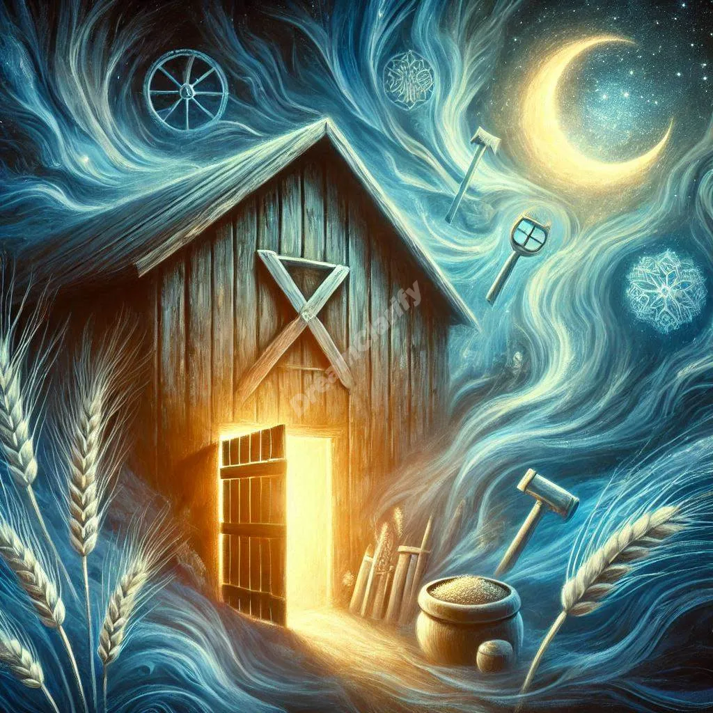 Mystical barn in moonlight with glowing door symbolizes dream interpretation and spiritual meanings