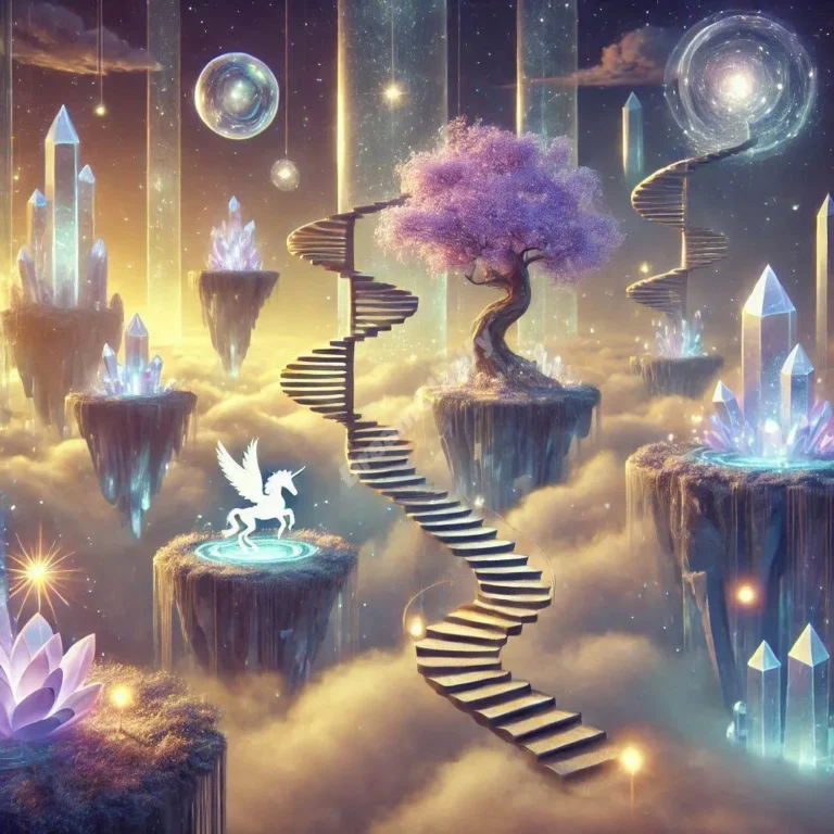 Magical floating islands with crystal formations and unicorn, representing symbolic Fantasia dreams