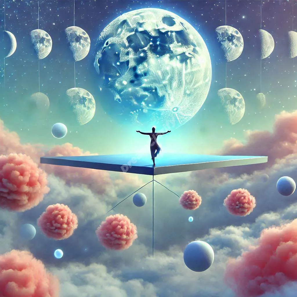 Person finding balance on floating platform amid dreamy clouds and multiple moons